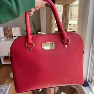 Michael Kors Cindy Large Red Dome Satchel with Gold Hardware